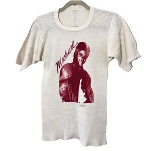 Vintage 90s Michael Jackson Thermal Shirt Women M Beige Raw Hem Short Sleeve USA